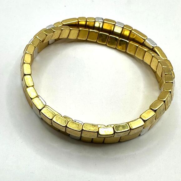 Madewell Stretch Bracelet Set of 2 Gold tone Square Beads Casual Jewelry Preppy - Picture 4 of 8